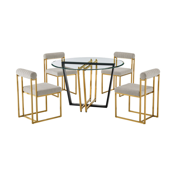 Devi Anastasia - 5 Piece Round Glass Dining Table Set - Gold Brushed / Taupe