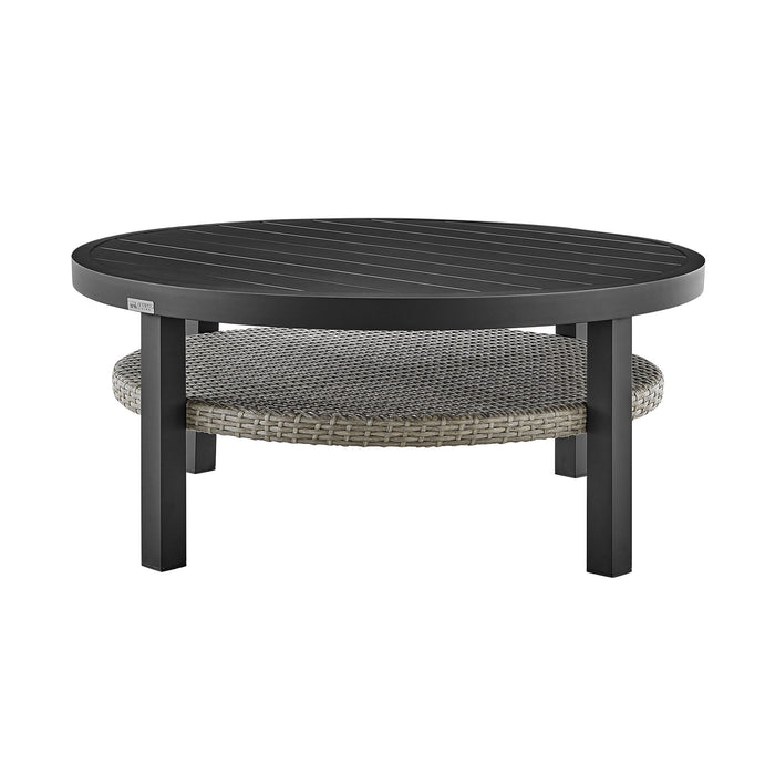 Palma - Outdoor Patio Round Coffee Table With Wicker Shelf - Black / Gray