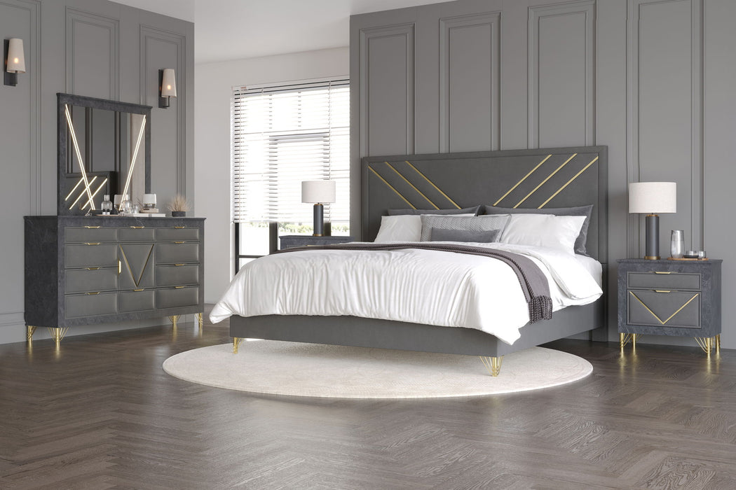 Symmetry - 6/6 Eastern King 5 Piece Bedroom Set (Bed, Dresser, Mirror, 2 Nightstands) - Gray