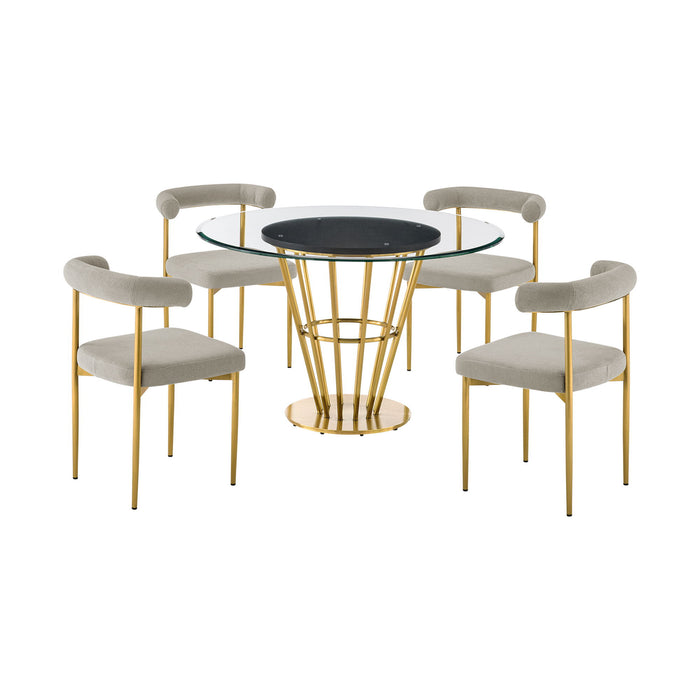 Veronica Shannon - 5 Piece Round Glass Dining Table Set - Gold Brushed / Taupe