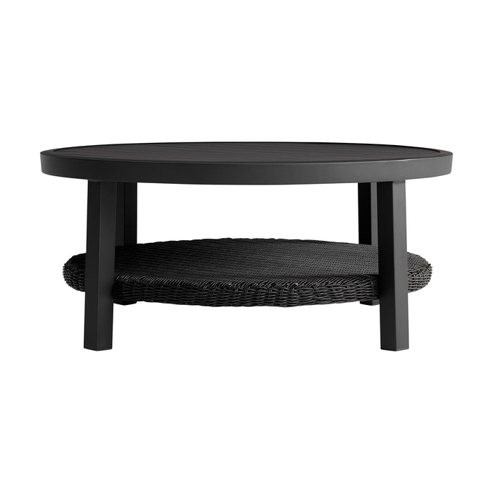 Cayman - Outdoor Round Conversation Table With Wicker Shelf - Black