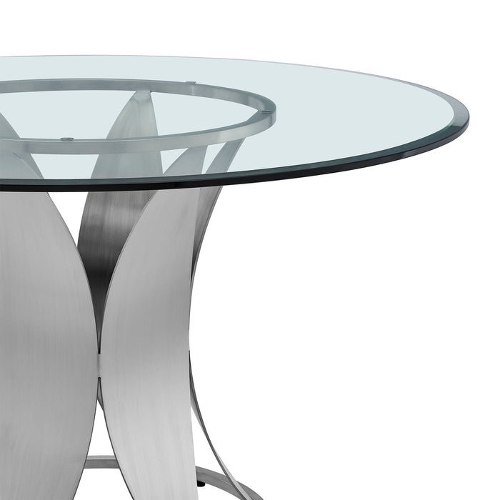 Petal - Modern Glass Round Pedestal Dining Table - Brushed Stainless Steel
