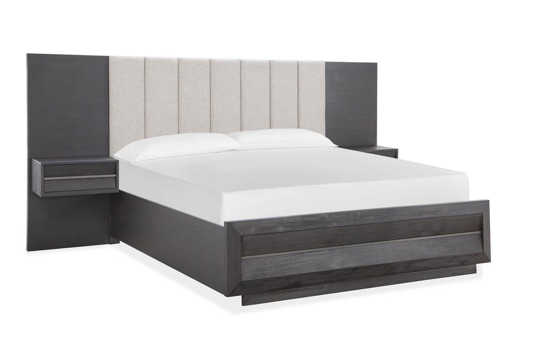 Magnussen Furniture Wentworth Village California King Wall Upholstered Bed with Wood/Metal Footboard in Sandblasted Oxford Black