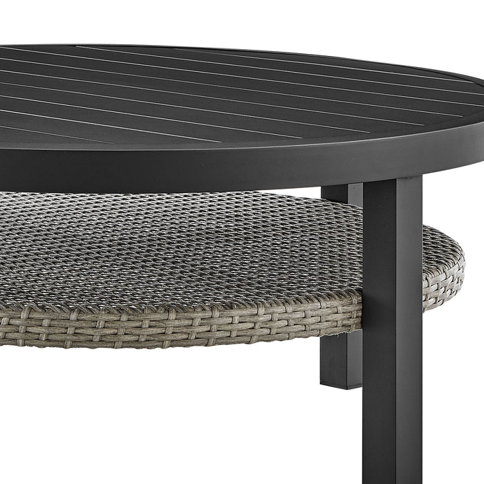 Palma - Outdoor Patio Round Coffee Table With Wicker Shelf - Black / Gray