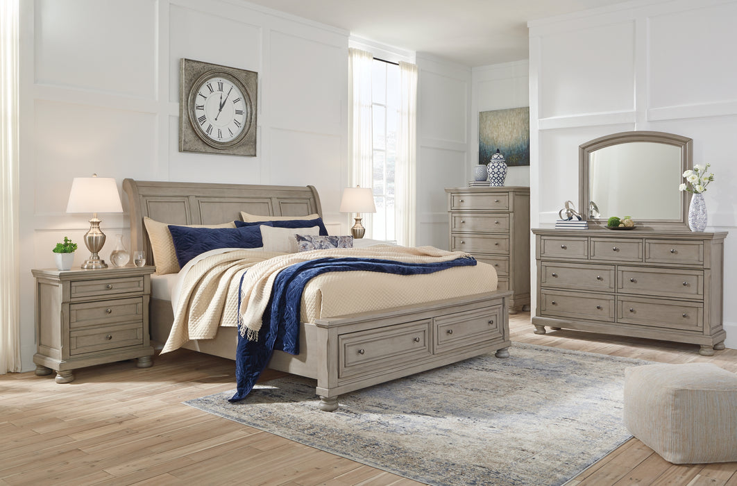 Lettner King Sleigh Bed with 2 Storage Drawers with Mirrored Dresser and Chest