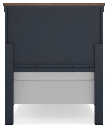 Landocken Twin Panel Headboard with Mirrored Dresser, Chest and Nightstand