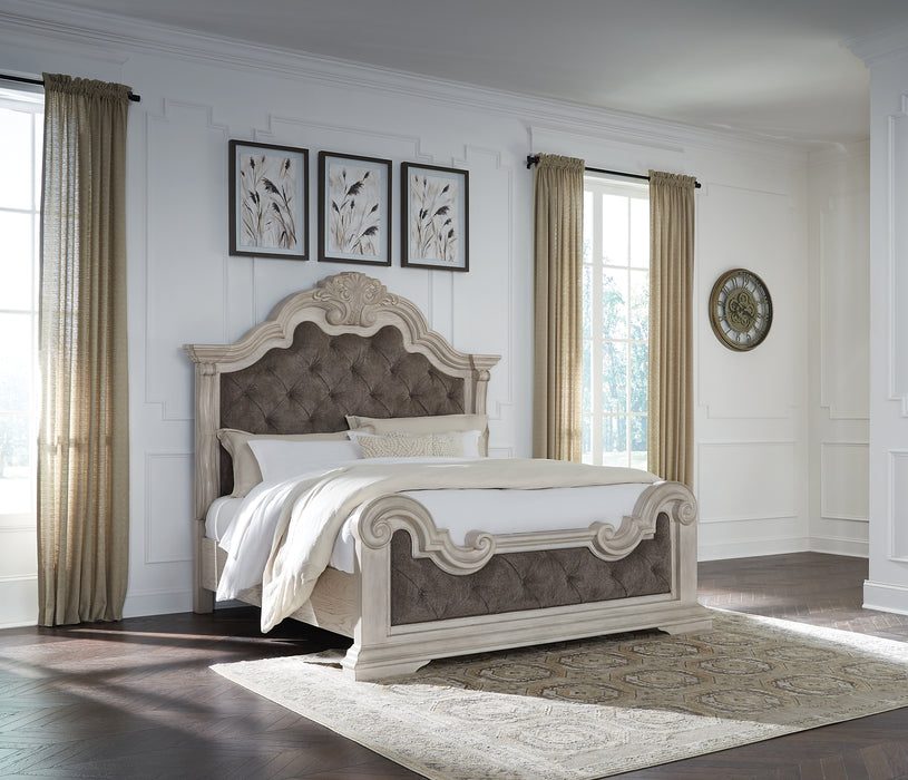 Bruchandi King Upholstered Panel Bed with Mirrored Dresser and Nightstand